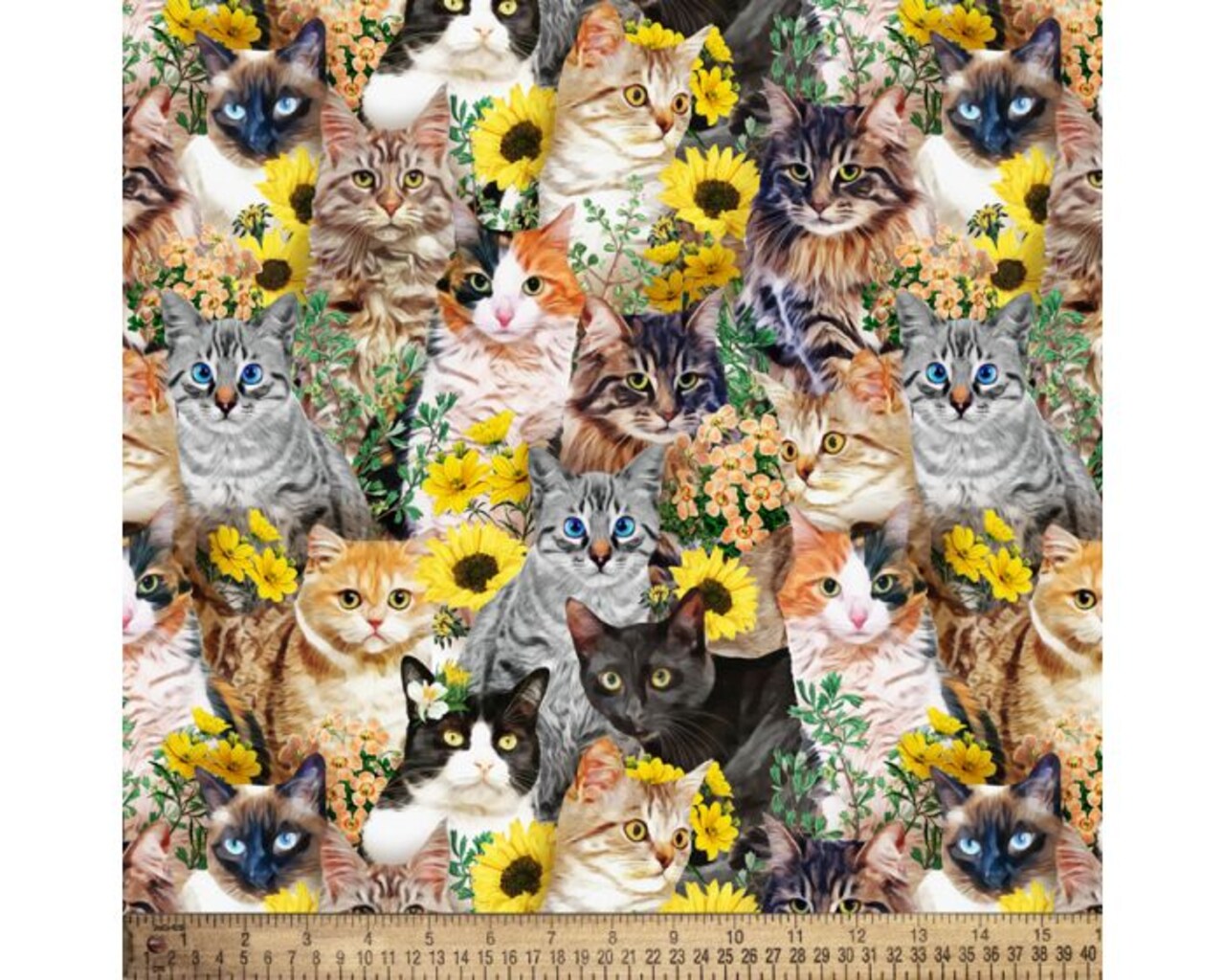 Cats Sunflowers Digital Cotton Print Fabric | By the Yard | Sewing and Crafting | 44 inches wide
